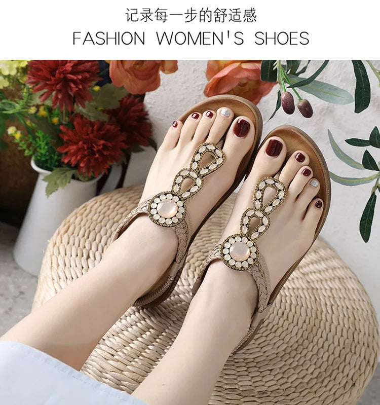 2026 New Shoes for Women Bohemia Crystal Sandals Women Shoes Rhinestone Lady Flip Flops Pearl Slip on Flat Beach Shoes