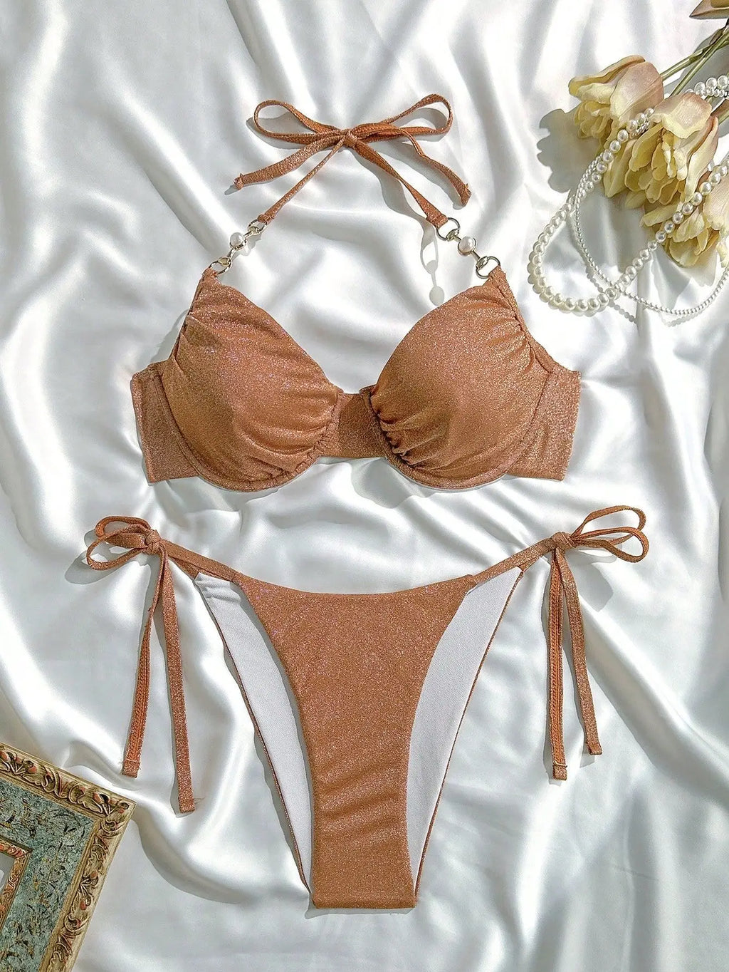 sexy giltter brown push up halter bikinis sets two pieces thong swimsuits Swimwear conjunto de bikini tankini beachwear biquini