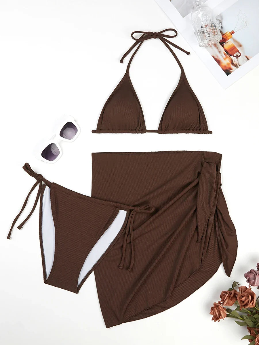 3 Pieces Triangle Halter String Bikini 2026 Solid Swimwear Female Sexy Swimsuit Women Bathers Bathing Swimming Swim Suit