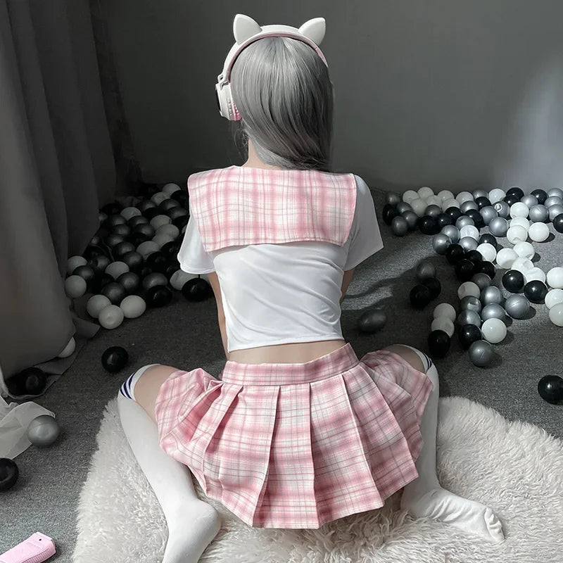 Japanese Sweet Plaid Cheerleading School Girl Cosplay Student Uniform Role Play Sexy Costume Sex Lingerie for Women