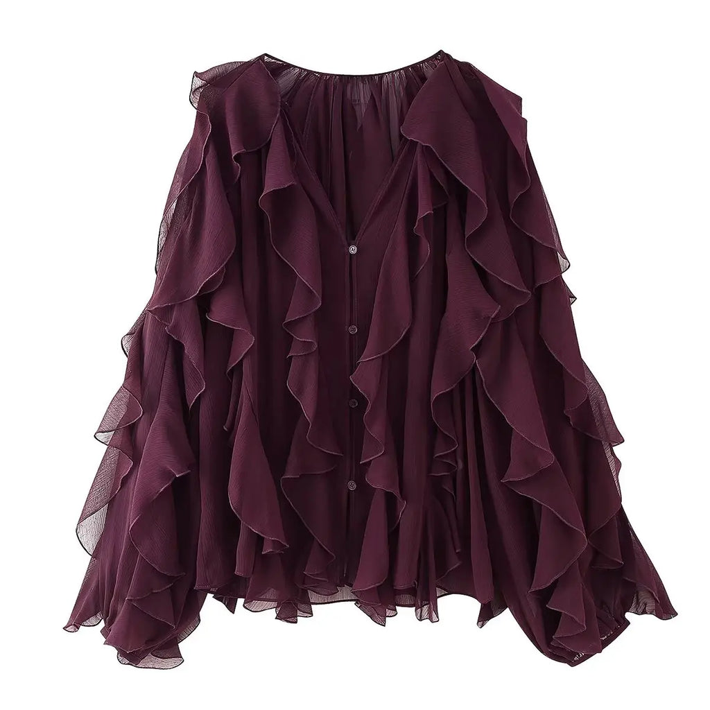 Foridol Ruffles Tiered V Neck Blouse Women Summer Spring Long Sleeve Casual Blusa Chiffon Blouses Buttons New in Female Top 2025