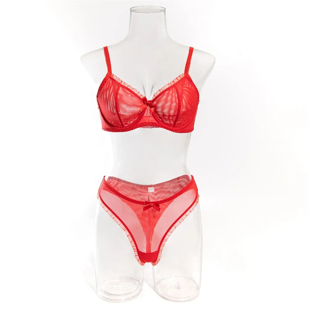 2Pcs Bra & Brief Set for Women Sexy White Ruffle Mesh Perspective Bow Patchwork Bra Bilizna Set Underwear Ultra Thin Intimate