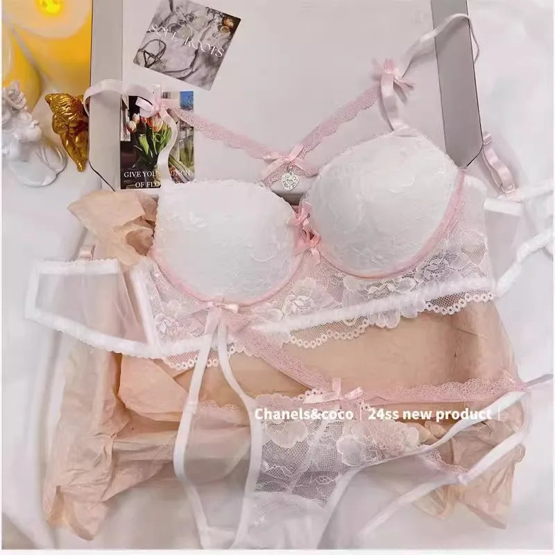 Japanese Lace Bra Set, Heart Pendant Purple Lingerie Sexy & Pure Small Chest Push Up Bralette, Fashion Outerwear Design Enhancer