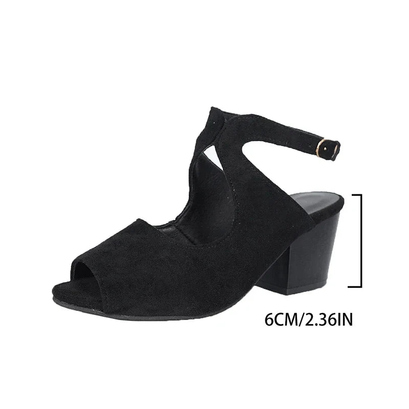 Fashion Anckle Wrap Flock Sandals Women 2025 Cross Strap Thick Sole Sandal Woman New Plus Size Square Heel Non-Slip Sandal Mujer