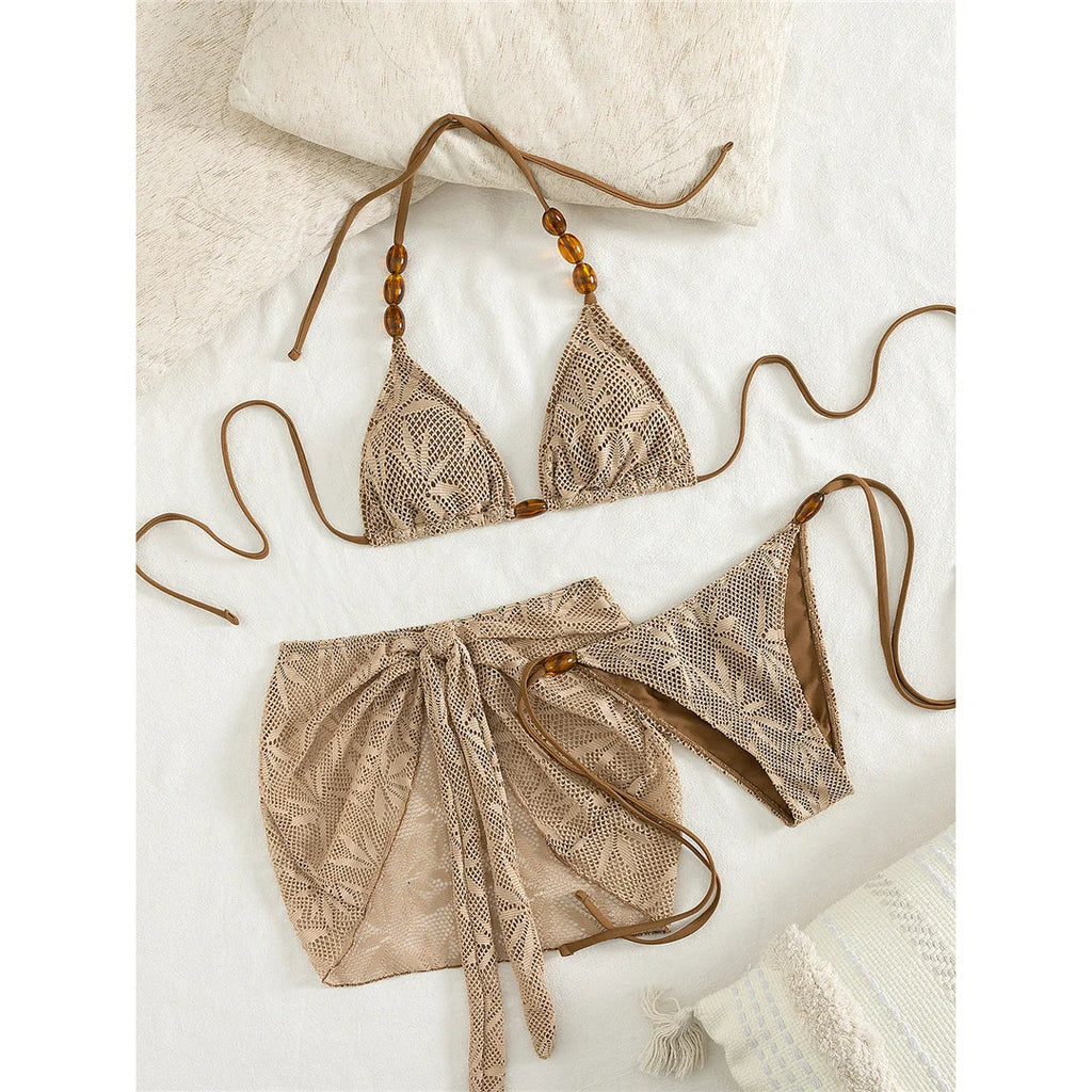 S - XL With Skirt Printed Halter Bikini Women Swimwear Female Swimsuit Three-pieces Bikini set Bather Bathing Suit Swim V8195