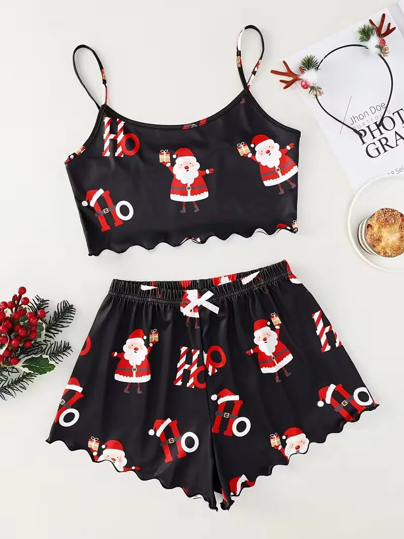 Soft Festival Christmas Cute Gingerbread Print Pajama Set Women's Sleepwear 2 Pieces Crop Tops and Shorts Loungewear
