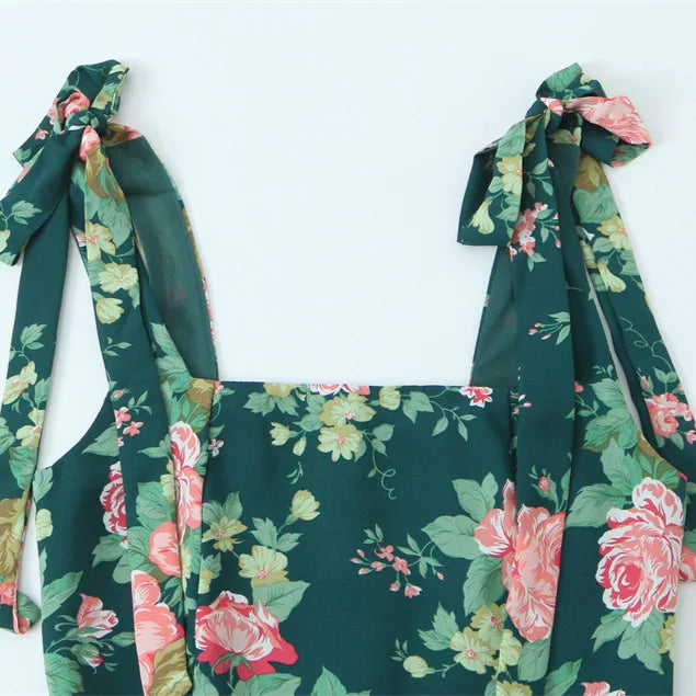Floral Print Slim-fit Side-slit Camisole Dress For Women With Double Shoulder Straps And Semi-elastic Back Mid-length Skirt 9UCW