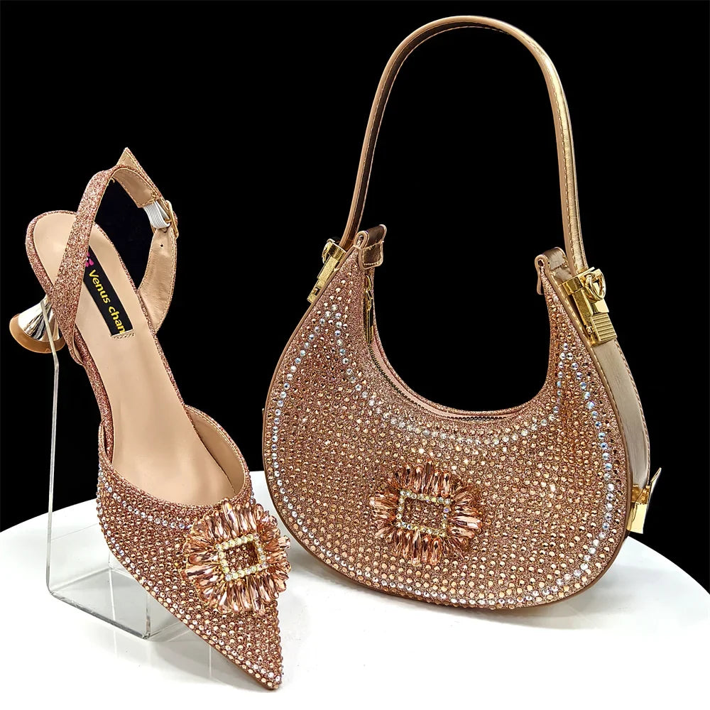 doershow Italian Shoes And Bag Sets For Evening Party With Stones Italian Leather Handbags Match Bags!  HFG1-21