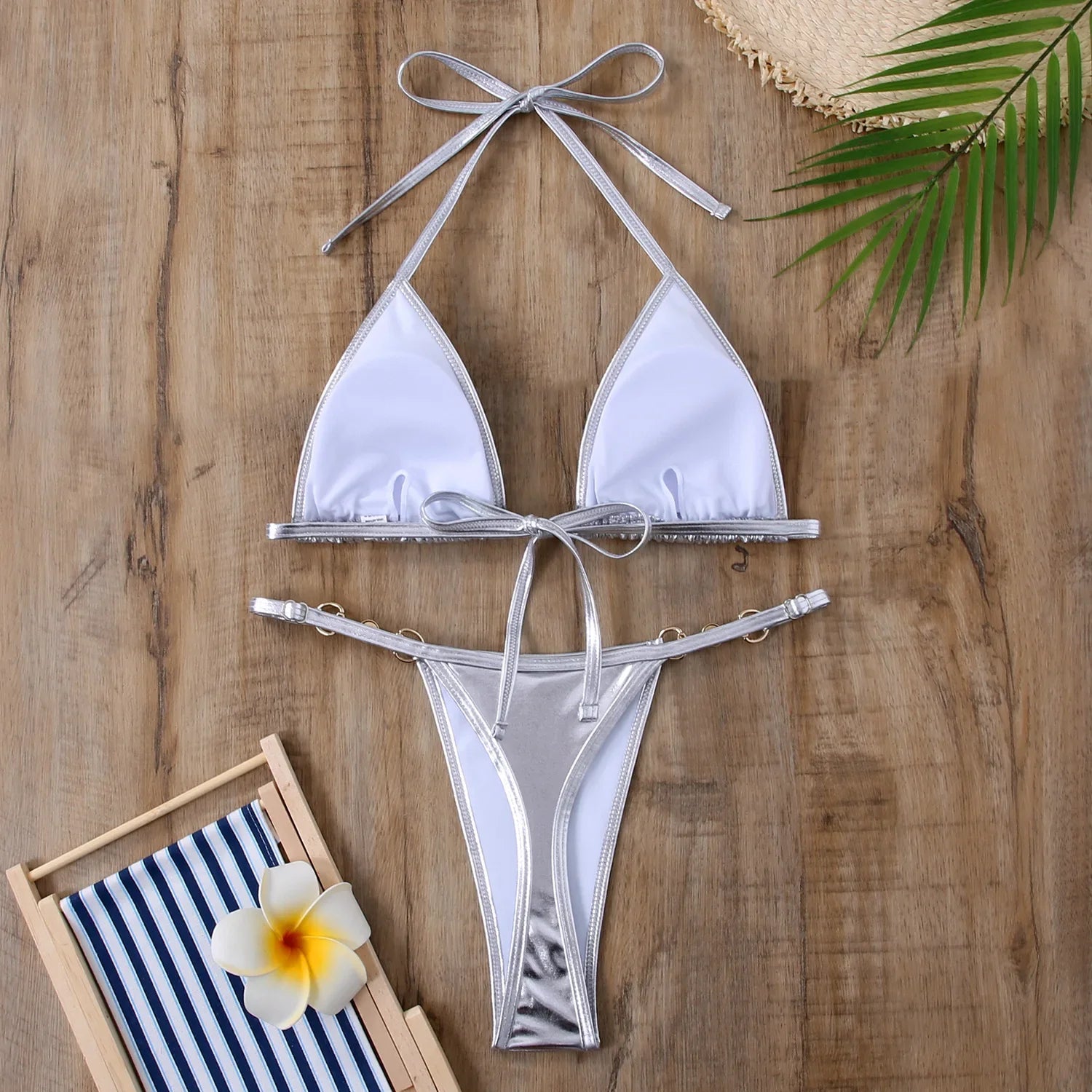 PU Leather Pearls Bikini Mini Micro Thong Bikinis Women Swimwear Female Swimsuit Two-piece Bikini Set Halter Bathing Suit Swim