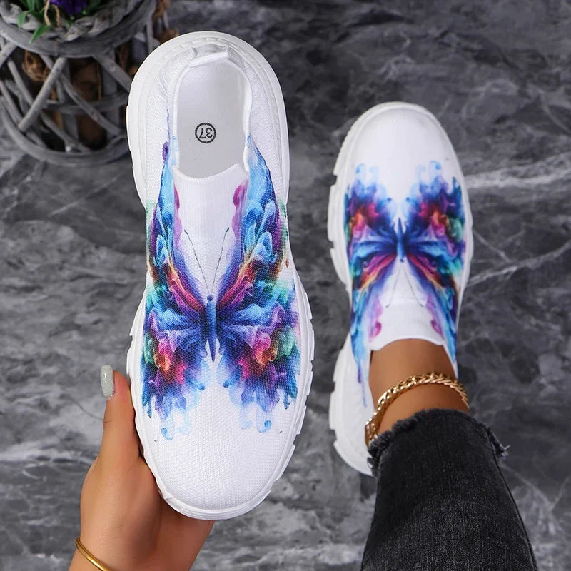 Fashion Butterfly Print Knit Sneakers for Women Breathable Mesh Platform Sneakers Shoes Woman Plus Size Thick Sole Walking Shoes