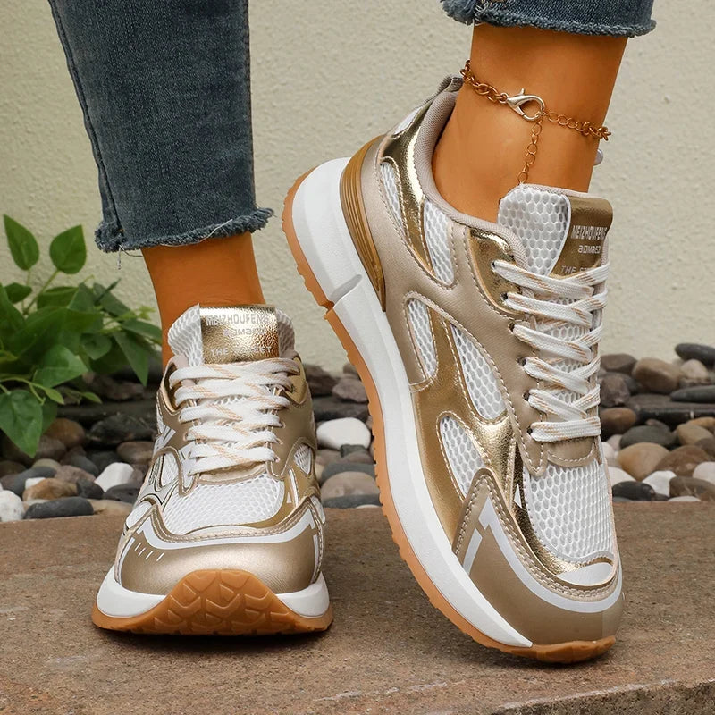 Breathable Mesh Gold Platform Sneakers Women 2026 New Non Slip Lace Up Sports Shoes Woman Silver Thick Bottom Vulcanized Shoes