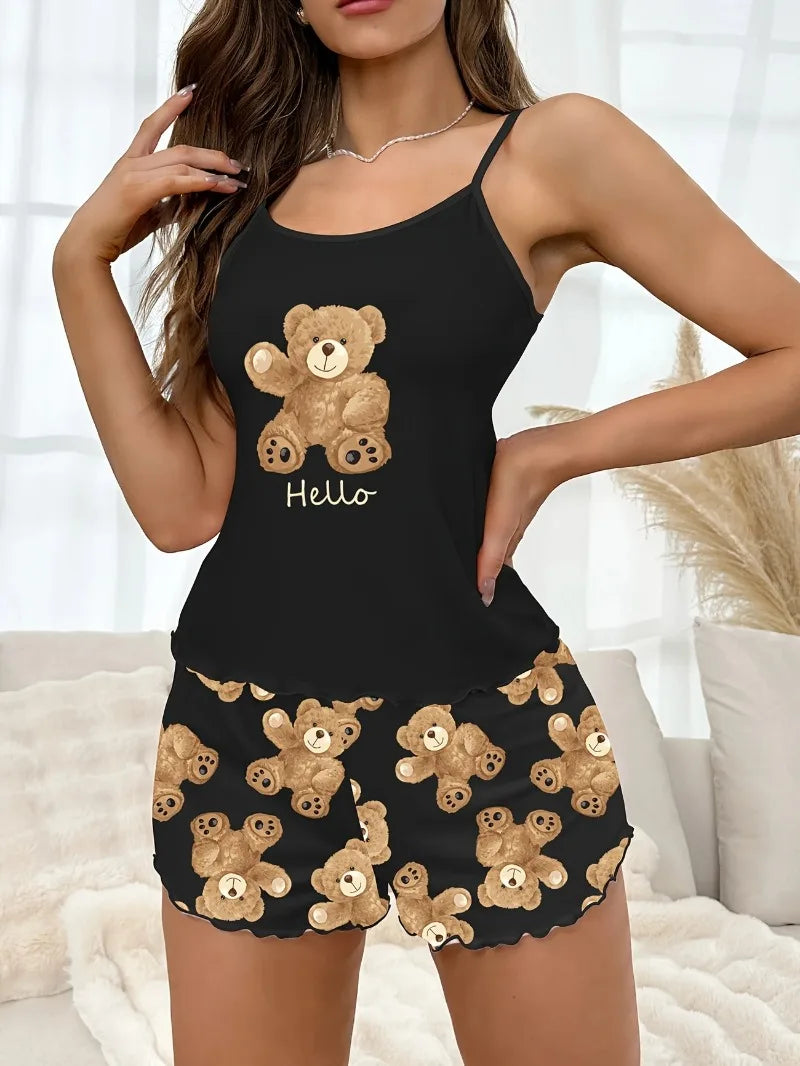 Summer Black Cute Bear Printed Pajamas Set for Women Loungewear Sling Crop Tops and Shorts Sleepwear Home Wear Clothes