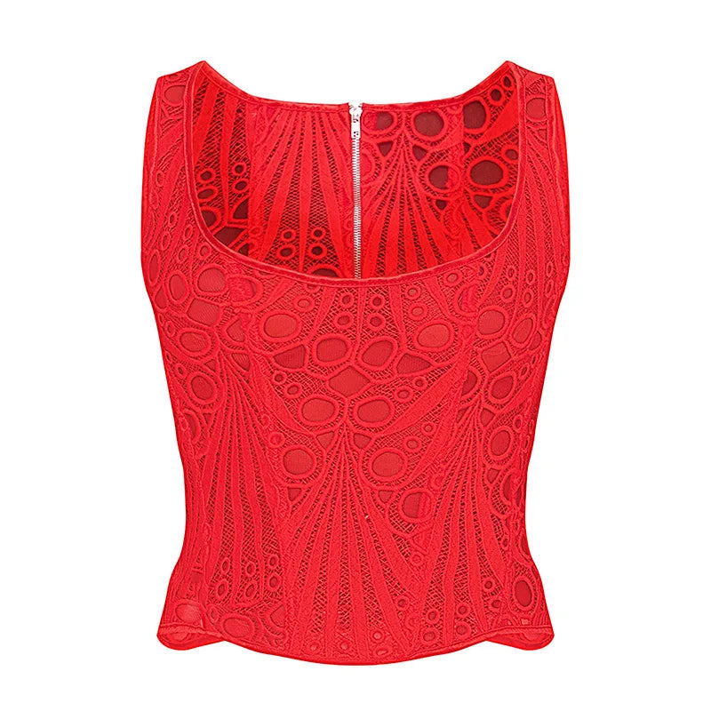 Lace Double Layer Fitted Corset Casaul Style Waist Trainer Mesh Solid Color Hollow Out Backless Suspenders Sleeveless Top CSSX