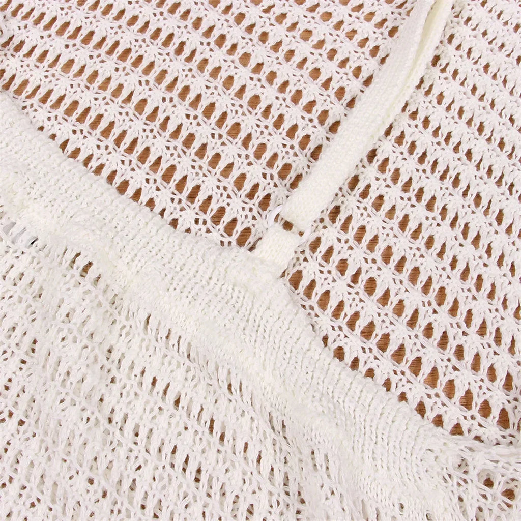 Sexy Fringe Tassel Knitted Crochet Tunic Beach Cover Up Women Long Dresses Cover-ups Beach Dress Beach Wear Beachwear Female