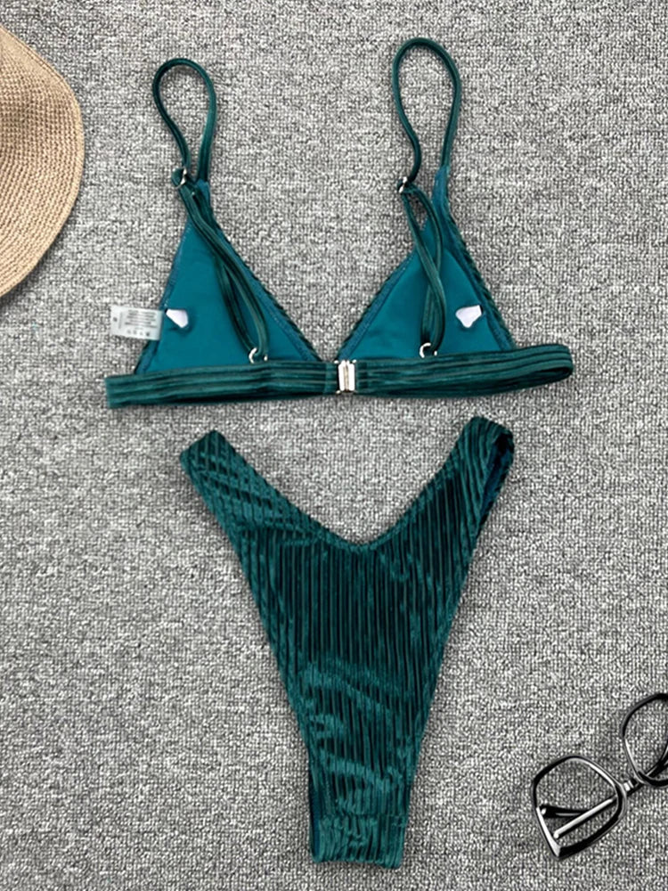 Ribbed Metallic Velvet Bikini Women Swimsuit Female Thong Swimwear Two Pieces Bikini Set High Cut Bathing Suit Swim Beachwear