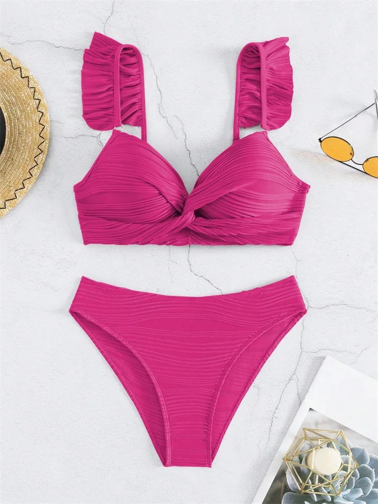 Wrinkled Ruffle Frilled Bra Cup Bikinis 2026 Female Swimsuit Women Swimwear Two Pieces Bikini Set Push Up Beachwear Bathing Suit