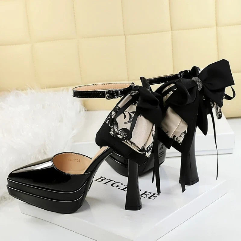 BIGTREE Pumps 2026 Summer New Hot Sale European Style Patent Leather Pointed Toe Buckle Platform High Heel Bow Shoes Women Shoes