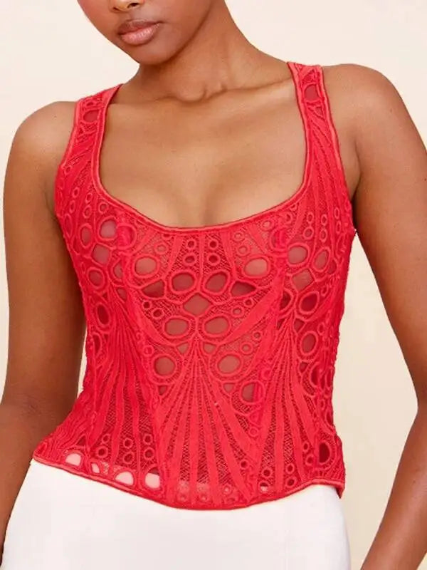 Lace Double Layer Fitted Corset Casaul Style Waist Trainer Mesh Solid Color Hollow Out Backless Suspenders Sleeveless Top CSSX