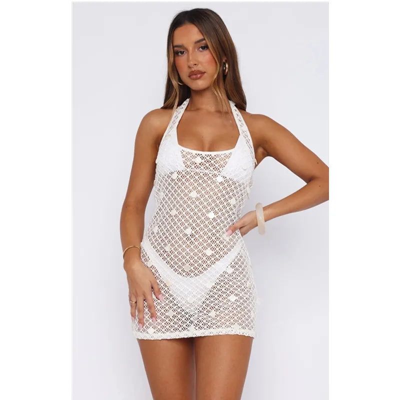 Women Hollowed Beach Bikini Cover Up Crochet Dress Fashion Sleeveless Halter Summer Knitted Cover-Up Dress Backless Dress