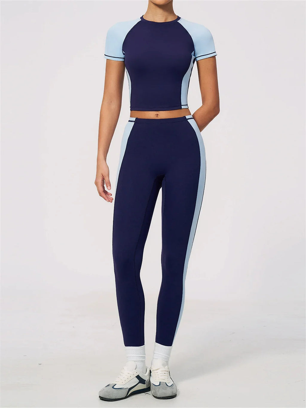 Nake Yoga Set Women's Tracksuit Color Contrast Short Sleeve Slim Sports T Shirts High Waist Leggings Fitness Clothes Gym Outfits