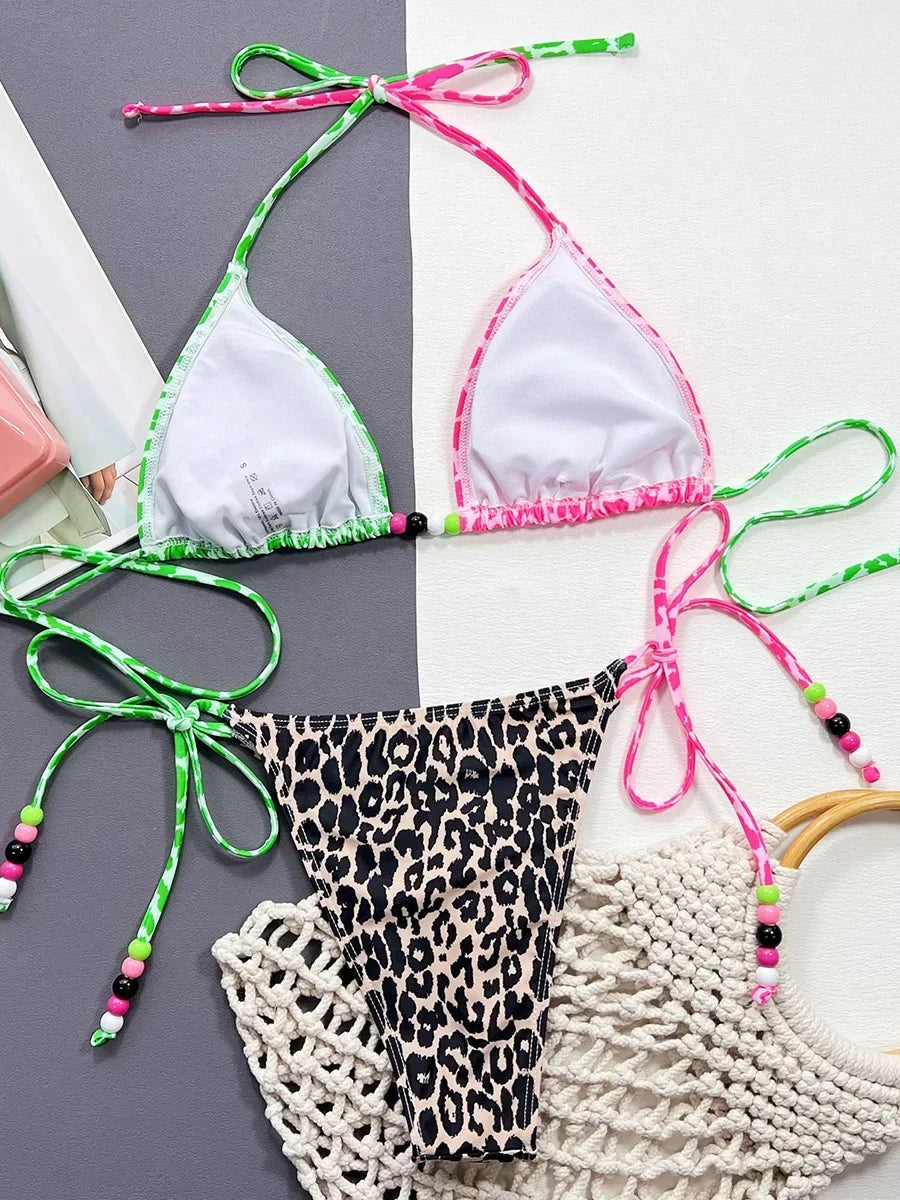 Leopard Splicing Halter Bikini Women Swimwear Female Swimsuit Two-pieces Bikini Set High Cut Bather Bathing Suit Swim Beachwear