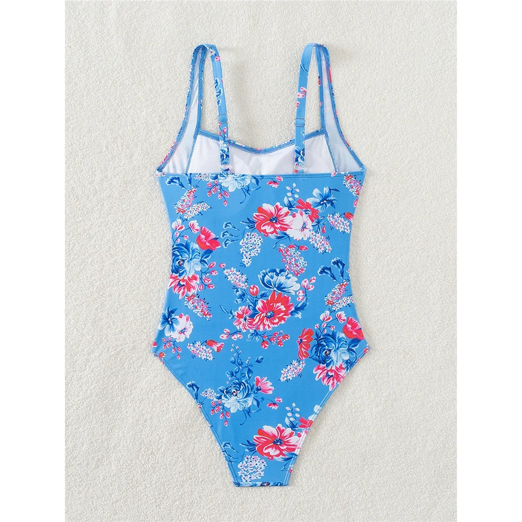 S - XL Sexy Flowers Printed Floral Wrinkled One Piece Swimsuit Women Swimwear Female High Leg Cut Bather Bathing Suit Swim V5816