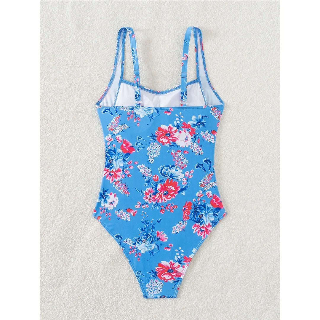 S - XL Sexy Flowers Printed Floral Wrinkled One Piece Swimsuit Women Swimwear Female High Leg Cut Bather Bathing Suit Swim V5816