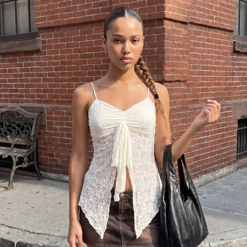 Women’s Spaghetti Strap Tank Tops Summer Sleeveless Tie Split Front Lace Sheer Vest Retro Sexy Corset Streetwear