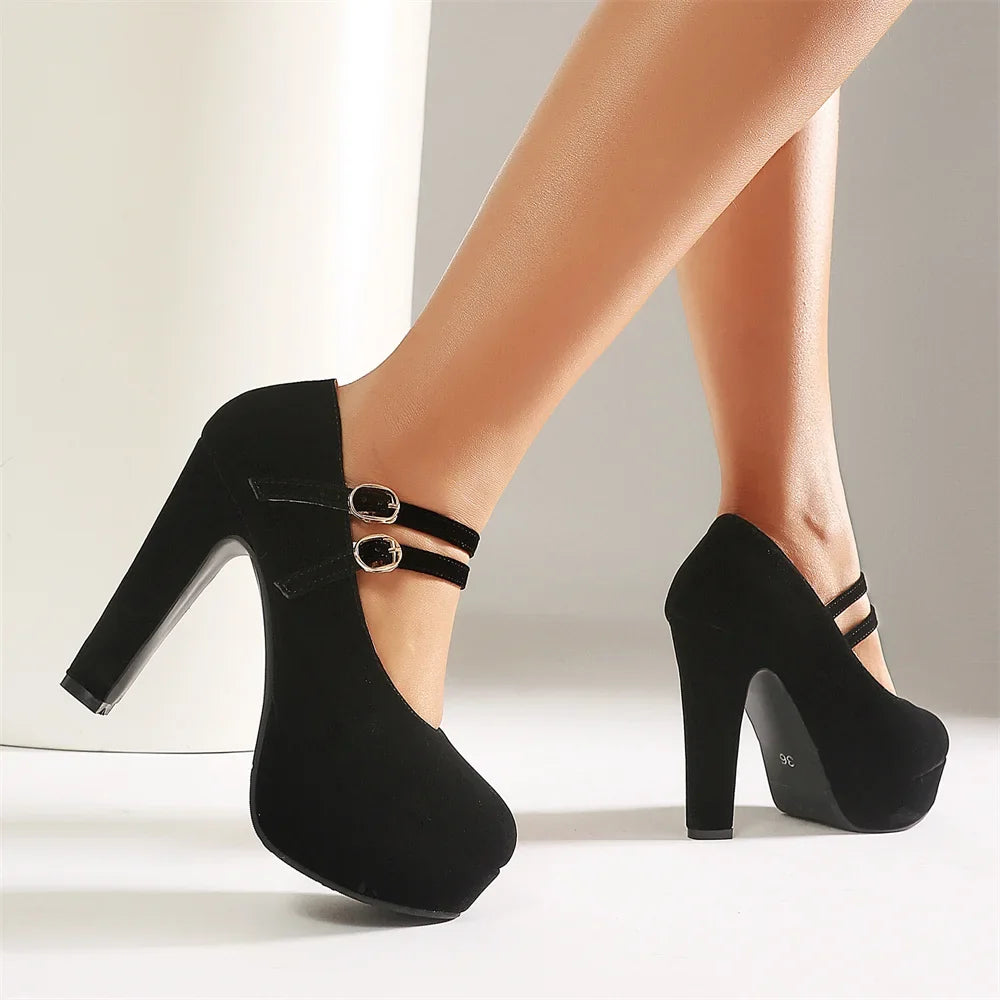 Sexy Black Faux Suede Double Buckle Straps Platform Mary Jane Pumps High Heels Wedding Club Daily Dress Shoes Women Plus Size 48
