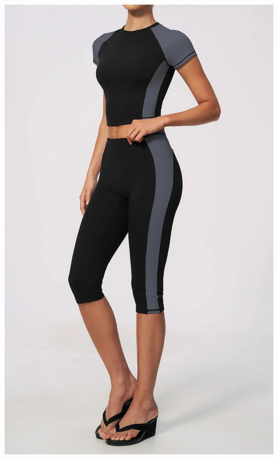 Color Blocking 2PCS Yoga Set Women's Tracksuit Short Sleeve O Neck Sports T Shirts High Waist Cropped Pants Tight Fitness Suits