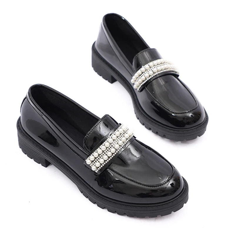 Fashion Pearls Decor Platform Loafers Women College Style Thick Heels Pu Leather Shoes Woman Plus Size 43 Student Shoes Female