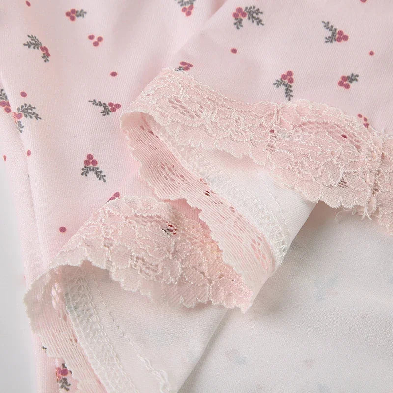 Women Two-pieces Pajamas Set Pink Floral Lace Patchwork Sleepwear Sleeveless Camisoles and Slim Cute Shorts Loungewear