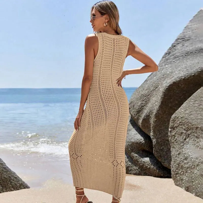 S - XL 2025 V Neck Hollow Out Crochet Knitted Tunic Beach Cover Up Long Cover-ups Beach Dress Beach Wear Beachwear Female Women