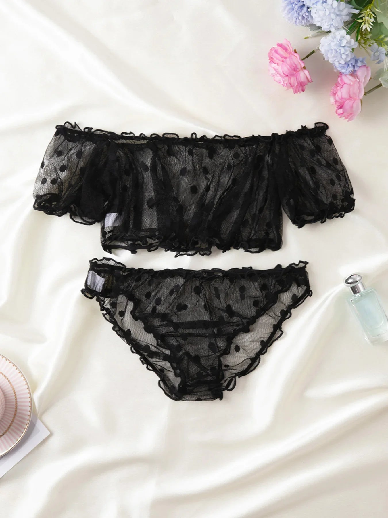 Women 2-Piece Lingerie Dot Embroidery Mesh Fancy Outfit Romantic Underwear Set Bra And Panty Sets