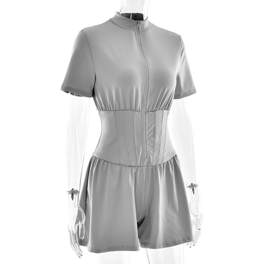 FDYOUI New 2026 Summer Zip-up Corset Playsuits Women Casual Short Sleeve Sports Fitness Overalls One Piece Tunics Yoga Bodysuit