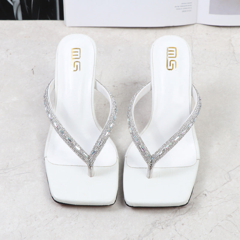 2025 Summer Flip Flops Crystal Slides Women 8cm High Heels Mules Crystal Glitter Block Low Heels Slippers Glitter Platform Shoes