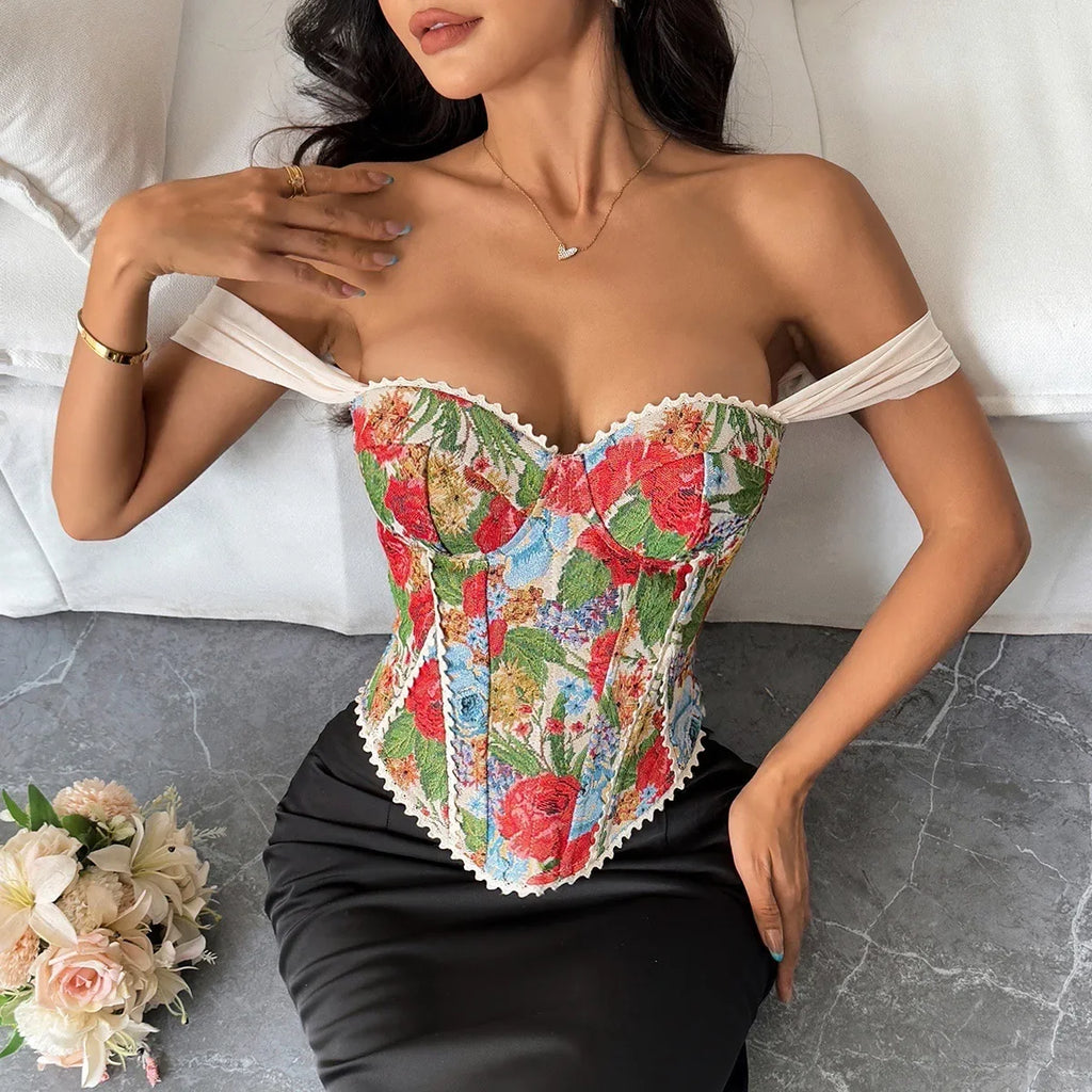 Retro Red Floral Print Corset Tank Top Sexy Back Criss Cross Bandage Bustier Lace Trim Night Club Party Slim Fishbone Camisole