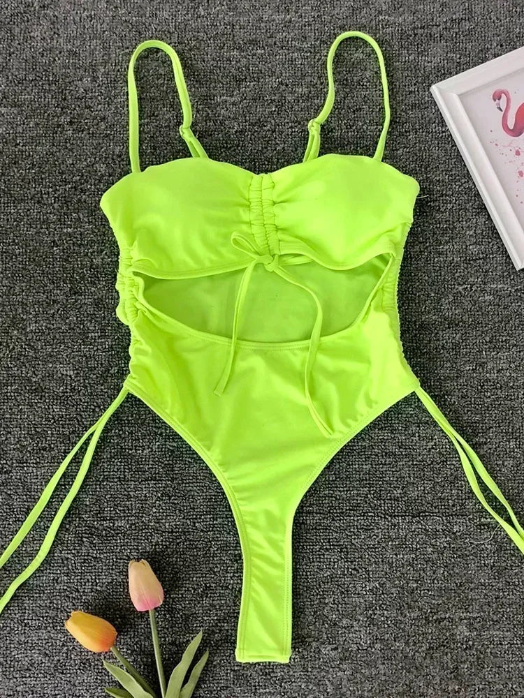 Neon Green Tummy Cut Out Female Swimwear One Piece Swimsuit Women Thong String Monokini High Leg Cut Bathing Suit Swim Bodysuit