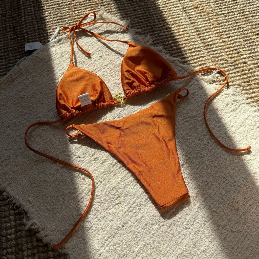sexy glitter metal halter tie bikinis sets two pieces thong swimsuit bathing suit swimwear biquini bakini tankini trikini