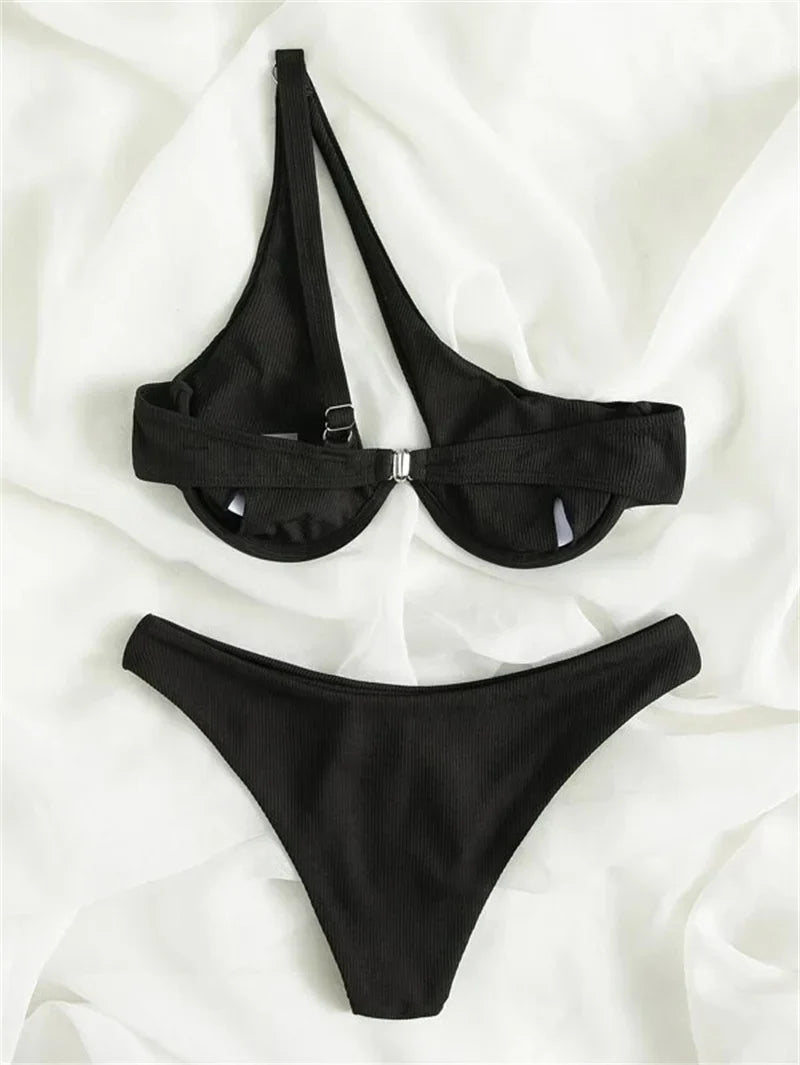 Sexy One Shoulder Bikini Set 2025 Women Red Black Push Up Underwire Micro Swimsuit Brazilian Cut Out Bathing Suit Thong Swimwear