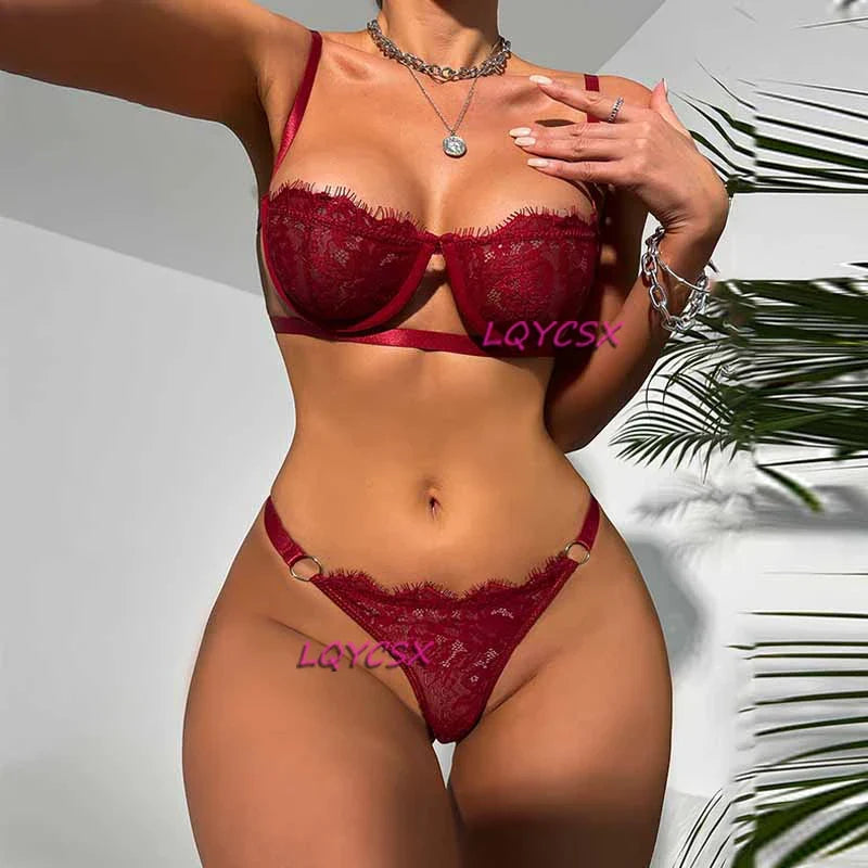 Lace Transparent Sexy Lingerie Set Women Sheer Half Cup Bra Panty Exotic Sets Fashion Women's Underwear Female Erotic Costumes