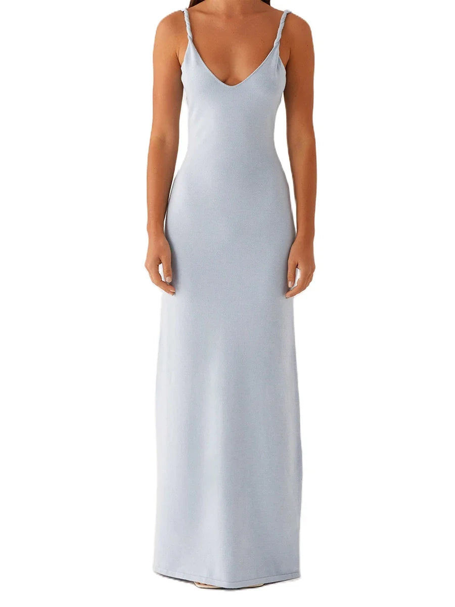 Women Sleeveless Summer Solid Color Twisted Straps Dresses V-Neck Backless Party Club Vacation Beach Long Dresses