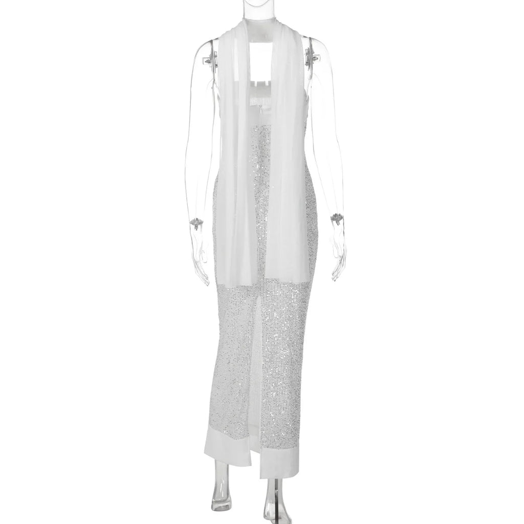 FDYOUI Luxury Bandage Sequins Evening Party Dresses for Women Sexy Strapless Off Shoulder Backless Split Slim Long Wedding Dress