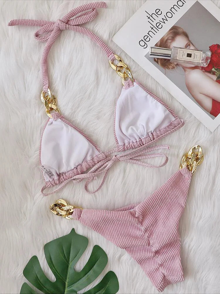 Halter Chains Rhinestone Diamond Bikini Women Swimsuit Female Ribbed Swimwear Two Pieces Bikini set Brazilian Bathing Suit Swim