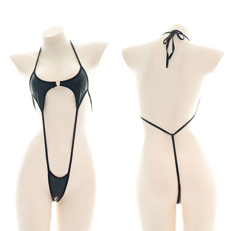 Sexy Jumpsuit patent leather bikini Straps Bandage Bodysuit Beach Girl One-piece Bikini Costume Women Pajamas Lingerie Uniform