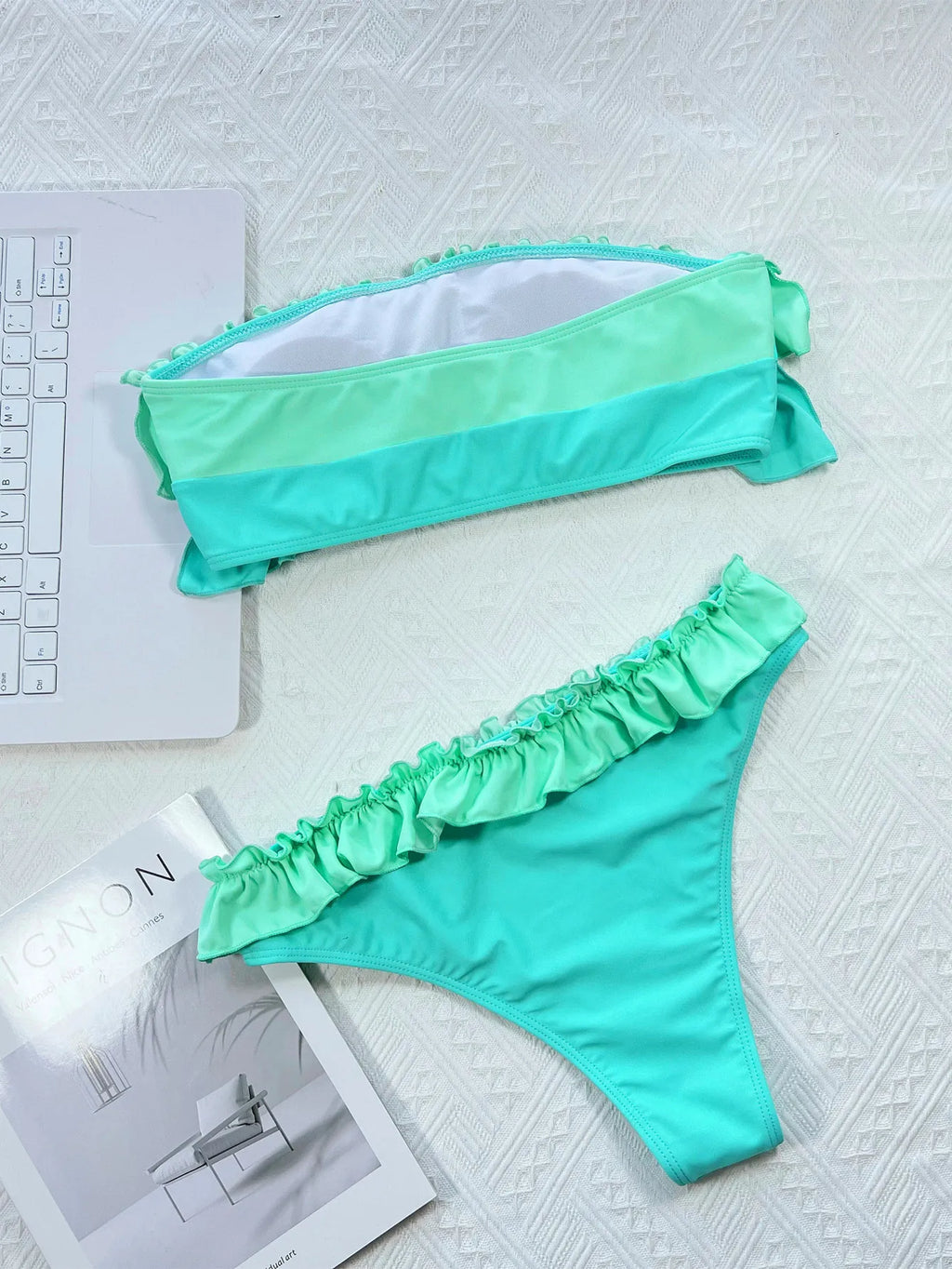 Ruffle Block Color Bikini Set Women 2026 Sexy Strapless Off-Shoulder Swimsuit Sexy High Waist Backless Bathing Suit Beachwear