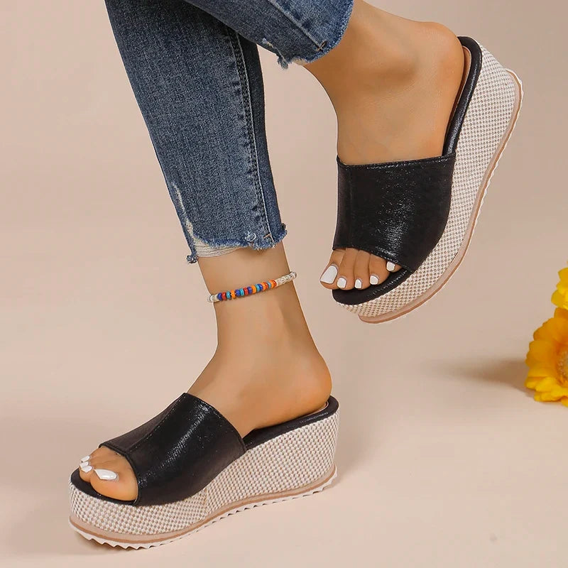 2025 Summer Chunky Platform Slippers for Women Pu Leather Wedges High Heel Sandals Woman Plus Size 36-43 Beach Sandles Female