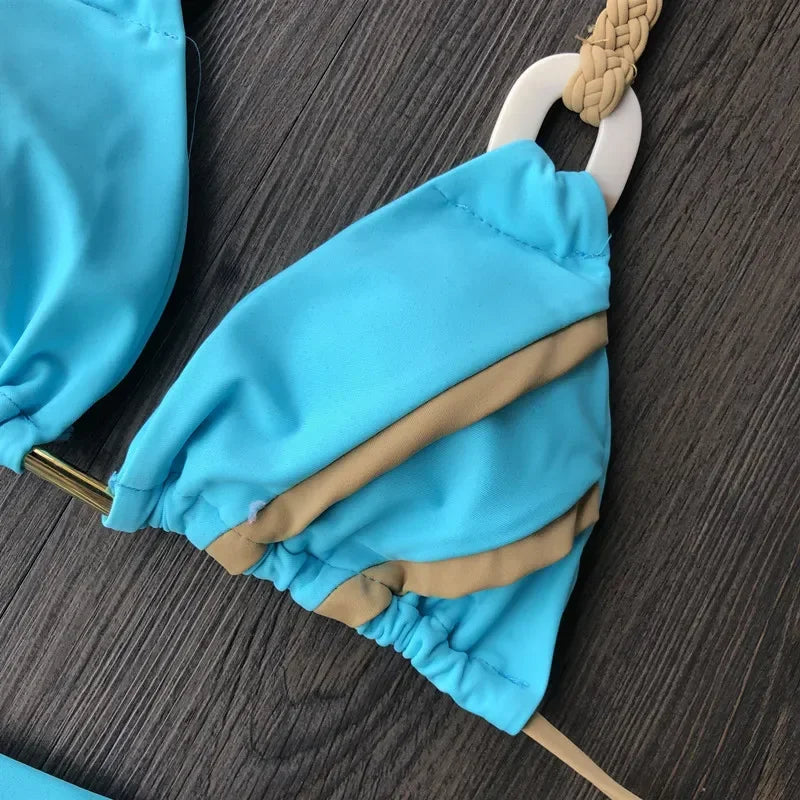 Patchwork Halter High Cut Knitted Bikini Women Swimwear Female Swimsuit Two-pieces Bikini Set Brazilian Bather Bathing Suit Swim