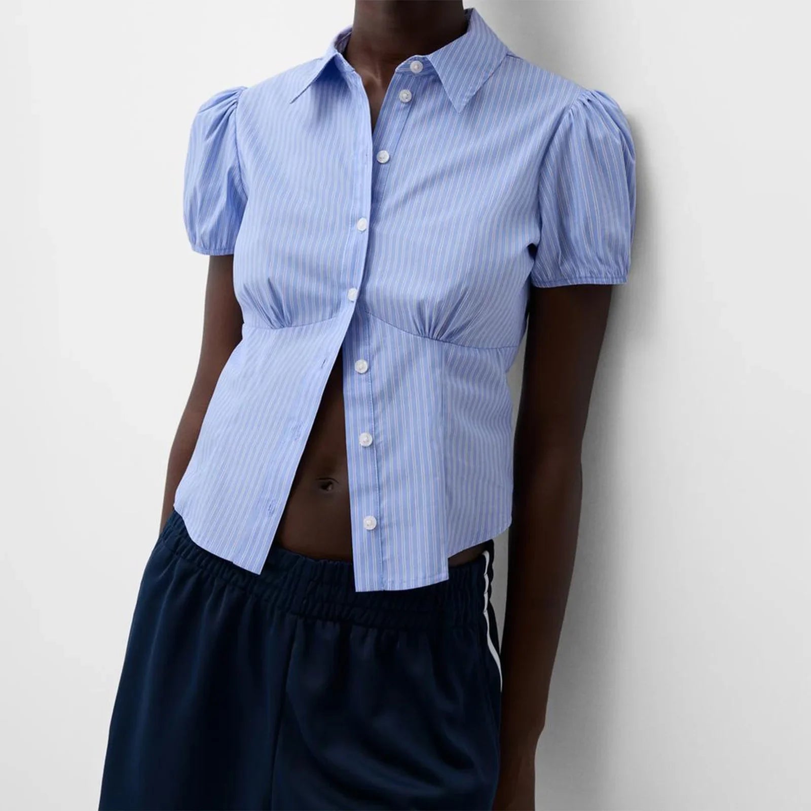 Chic Solid Color/Striped Print Button Down Tops Women Puff Sleeve Lapel Collar Slim Fit Shirts Summer Blouses