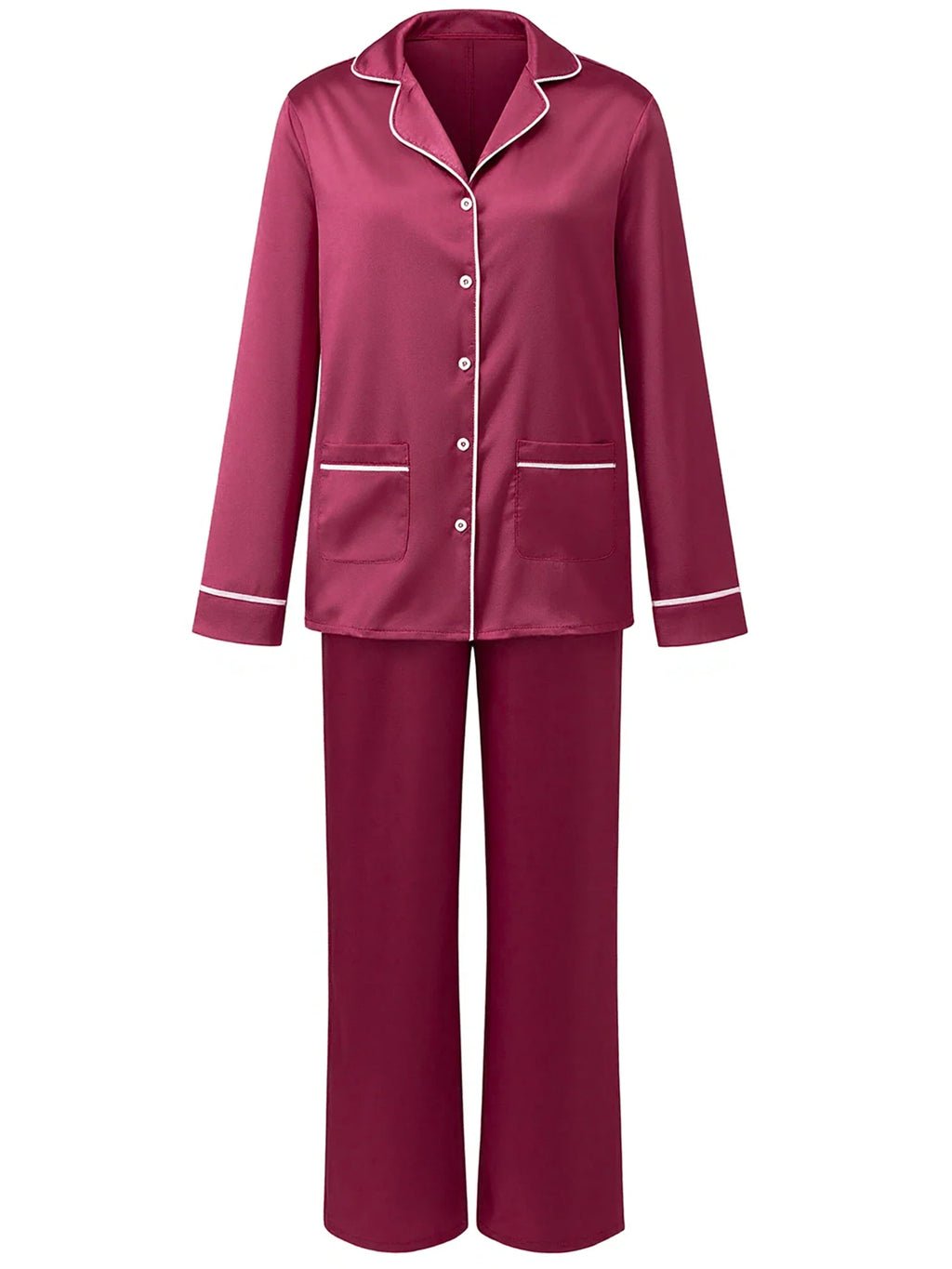 Women's Satin Two Pieces Pajama Sets Fashionable Contrast Color Trim Long Sleeve Button Down Tops with Pants Soft Sleepwear